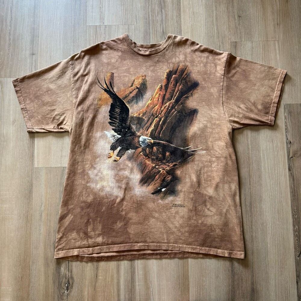 Vintage The Mountain Eagle Soaring Over Mountains Brown T-Shirt 1997 Size XXL
